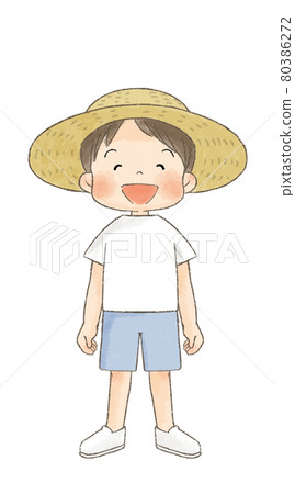 Boy in a straw hat (front whole body laughing face) Boy in a straw hat (front whole body laughing face) 80386272