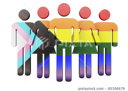 Stick figures with modern pride flag LGBTQ, 3D rendering 80386676