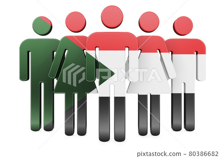 Stick figures with Sudanese flag. Social community and citizens of Sudan, 3D rendering 80386682