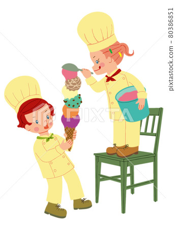 Two child store clerks stacking ice cream high 80386851