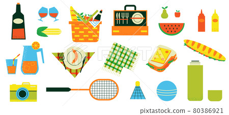 Picnic set. Wicker straw basket with fruits and... - Stock Illustration ...
