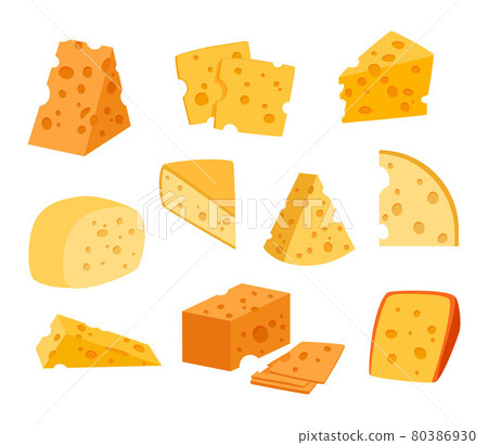 Cheese pieces. Dairy products. Cartoon bites of maasdam with hollows and holes. Gouda slices. Cow milk food set. Isolated porous parts. Gourmet snacks. Vector natural delicious meal Cheese pieces. Dairy products. Cartoon bites of maasdam with hollows and holes. Gouda slices. Cow milk food set. Isolated porous parts. Gourmet snacks. Vector natural delicious meal 80386930