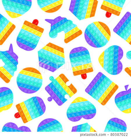 Pop it seamless pattern. Antistress pop it silicone bubbles toys texture, sensory rainbow vector background illustration. Silicone antistress toys backdrop 80387022
