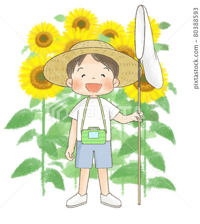 帶向日葵和草帽的男孩 帶向日葵和草帽的男孩 80388593