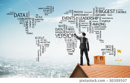 Businessman on brick roof draw world map as concept of globalization. Mixed media Businessman on brick roof draw world map as concept of globalization. Mixed media 80389507