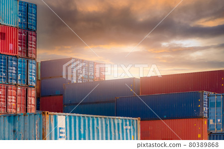 Container logistic. Cargo and shipping business. Container ship for import and export logistic. Container freight station. Logistic industry from port to port. Container at harbor for truck transport. 80389868