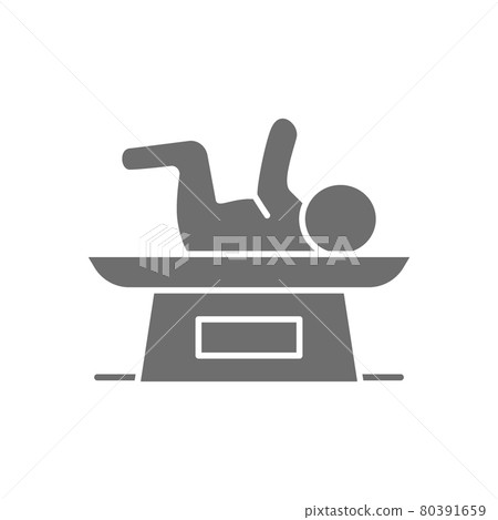 Baby on scale, weight scale for infant grey icon. Baby on scale, weight scale for infant grey icon. 80391659