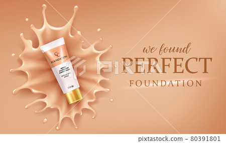 Foundation splash drops, makeup advertising design template for catalog with concealer cream packaging mock up with liquid foundation vector illustration. 80391801