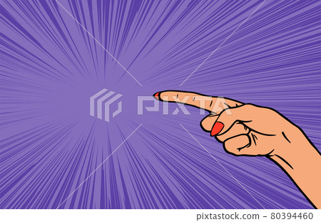 The female hand advertises on a colorful background The female hand advertises on a colorful background 80394460