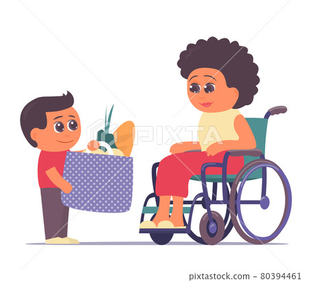 Little grandson brought groceries to grandmother in a wheelchair 80394461