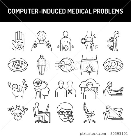 Computer-induced medical problems line icons set. Isolated vector element. 80395191