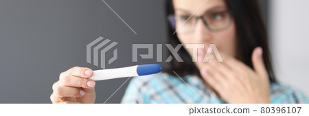 Surprised woman holding pregnancy test in her hand Surprised woman holding pregnancy test in her hand 80396107