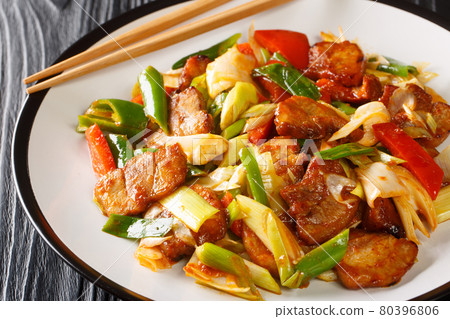 Twice Cooked Pork hui guo rou Szechuan Pork Stir Fry closeup in the plate. Horizontal Twice Cooked Pork hui guo rou Szechuan Pork Stir Fry closeup in the plate. Horizontal 80396806
