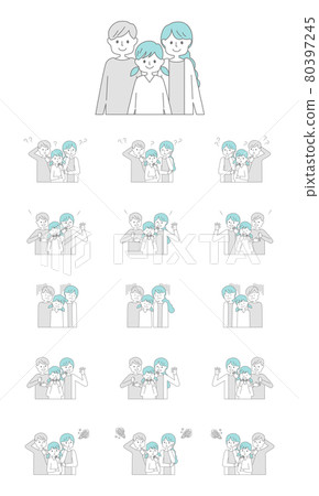 家庭情感套裝-半身-3 家庭-簡約線條-藍色 80397245