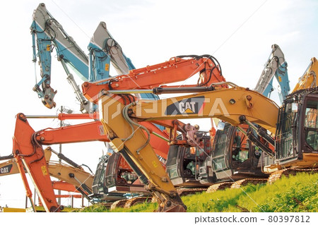 Excavator cars parked side by side Excavator cars parked side by side 80397812