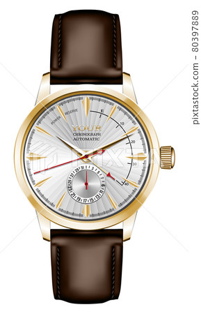 Realistic watch clock gold silver brown leather 80397889