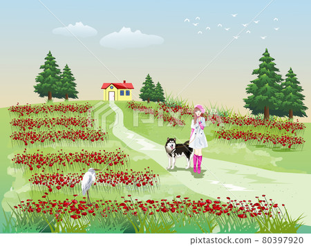 A girl leading a dog on a hillside walkway with green fields and sky in the background. A girl leading a dog on a hillside walkway with green fields and sky in the background. 80397920