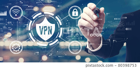 VPN concept with a man on city background VPN concept with a man on city background 80398753