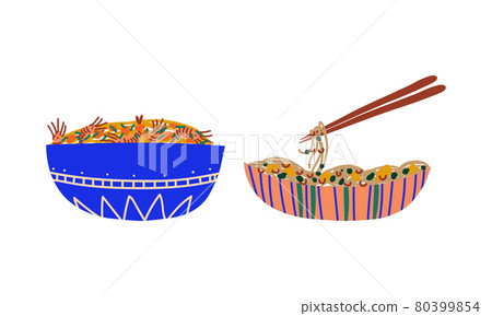 Stir-fried Prepared Udon Noodle Served in Ceramic Bowl Vector Set Stir-fried Prepared Udon Noodle Served in Ceramic Bowl Vector Set 80399854