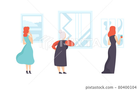 Art Gallery, Back View of Visitors Looking Paintings Hanging on Wall Flat Vector Illustration 80400104