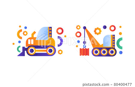 Heavy Industrial Machinery Set, Hydraulic Crawler Crane, Bulldozer Flat Vector Illustratio Heavy Industrial Machinery Set, Hydraulic Crawler Crane, Bulldozer Flat Vector Illustratio 80400477