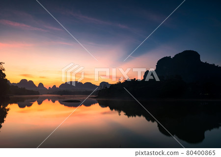 Nong Thale swamp at dawn with rays, Krabi 80400865