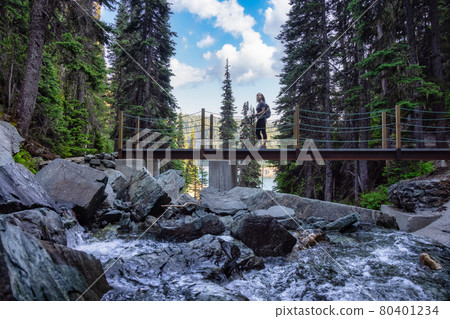 Adventurous White Caucasin Adult Woman Hiking on a trail in Canadian Nature 80401234
