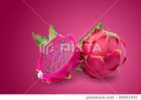 Ripe pitahaya fruit or dragon fruit with half isolated on red background Ripe pitahaya fruit or dragon fruit with half isolated on red background 80401492