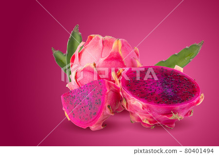 Ripe pitahaya fruit or dragon fruit with half isolated on red background 80401494