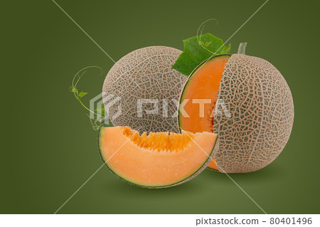 Orange melon or cantaloupe melon with seeds isolated on green background 80401496