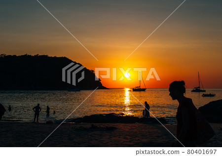 silhouette of a yacht at sunset on the Yanui beach of phuket island, thailand silhouette of a yacht at sunset on the Yanui beach of phuket island, thailand 80401697