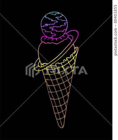Ice cream, colored doodling in a waffle cone, pink blue yellow color, planet Saturn, handmade contour doodle drawing, isolated, white background. 80401855