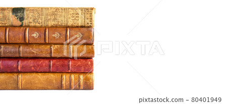 Stack of old books on white background banner Stack of old books on white background banner 80401949
