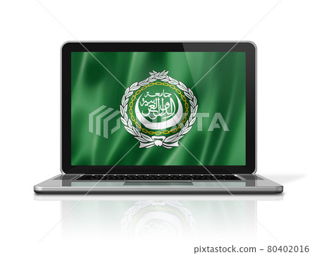 Arab League flag on laptop screen isolated on white. 3D illustration Arab League flag on laptop screen isolated on white. 3D illustration 80402016