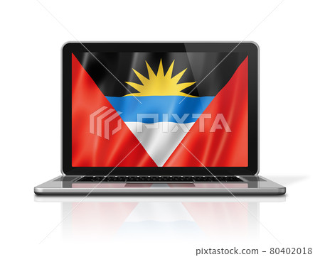 Antigua and Barbuda flag on laptop screen isolated on white. 3D illustration Antigua and Barbuda flag on laptop screen isolated on white. 3D illustration 80402018