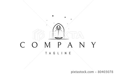 Vector logo on which an abstract image of a portal with the sun on a background of stars. Vector logo on which an abstract image of a portal with the sun on a background of stars. 80403078