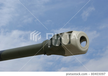 cannon of modern battle tank against the blue sky, Russia 80403097