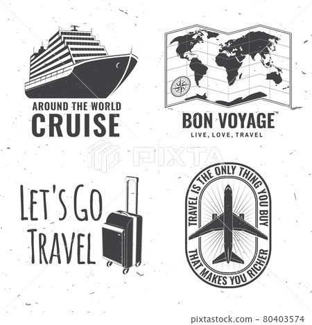 Set of travel badge, logo Travel inspiration quotes with globe, airplane, suitcase and cruise ship silhouette. Vector illustration. Motivation for traveling poster typography. Set of travel badge, logo Travel inspiration quotes with globe, airplane, suitcase and cruise ship silhouette. Vector illustration. Motivation for traveling poster typography. 80403574