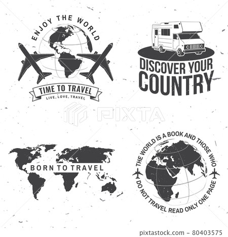 Set of travel badge, logo. Travel inspiration quotes with motorhome, caravan car, airplane, globe silhouette Vector illustration. Motivation for traveling poster typography. Set of travel badge, logo. Travel inspiration quotes with motorhome, caravan car, airplane, globe silhouette Vector illustration. Motivation for traveling poster typography. 80403575