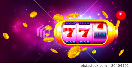 Slot Machine with Icons and Coins on Colorful Background. Online Slot Machine with Icons and Coins on Colorful Background. Online 80404301