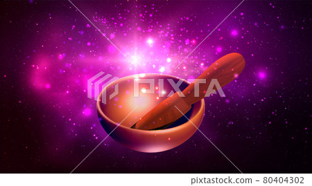 Magic singing bowl on purple background. Music for healing and meditation Magic singing bowl on purple background. Music for healing and meditation 80404302