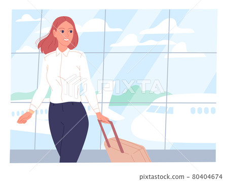 Young woman with a suitcase at the airport against the background of the takeoff field 80404674