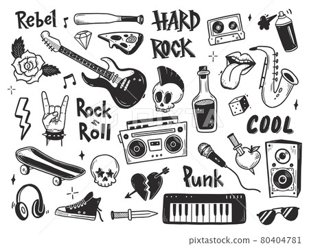 Rock n roll, punk music doodle set. 80404781