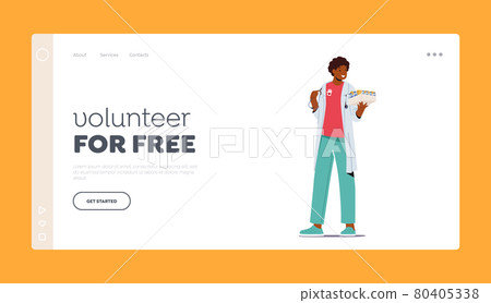 Medical Volunteering Landing Page Template. Volunteer Doctor Male Character Holding Medicine for Diseased People Medical Volunteering Landing Page Template. Volunteer Doctor Male Character Holding Medicine for Diseased People 80405338
