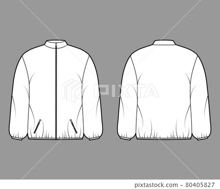 Puffer coat jacket technical fashion illustration with long sleeves, stand collar, zip-up closure, boxy fit, hip length 80405827