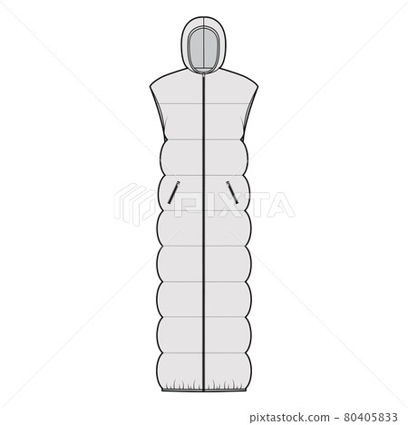 Down vest puffer waistcoat technical fashion illustration with sleeveless, hoody collar, zip-up closure, maxi length Down vest puffer waistcoat technical fashion illustration with sleeveless, hoody collar, zip-up closure, maxi length 80405833