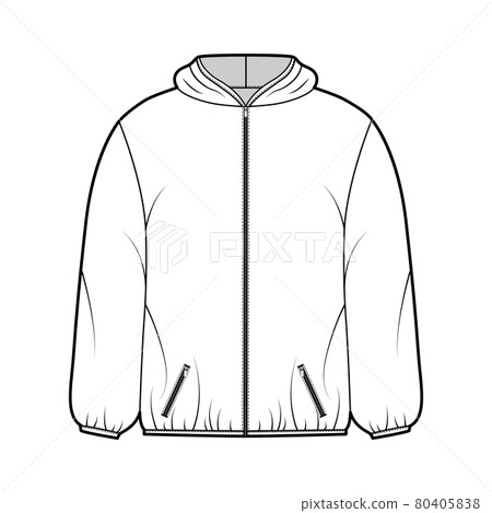 Puffer coat jacket technical fashion illustration with long sleeves, hoody collar, pockets, boxy fit, hip length 80405838