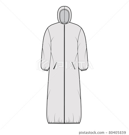 Hooded padded shell coat jacket puffer technical fashion illustration with long sleeves, maxi length, zip-up closure 80405839