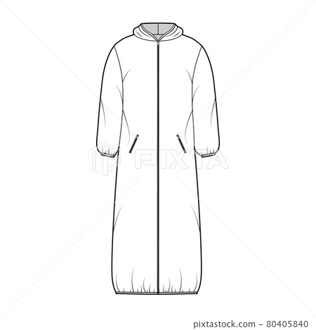 Hooded padded shell coat jacket puffer technical fashion illustration with long sleeves, maxi length, zip-up closure 80405840