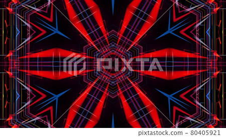 3d render. Abstract laser show. 4k abstract bg with pattern of glow multicolor lines. Pattern like flower, star or mandala of glow curved lines. Kaleidoscopic simmetrical structure with lines 80405921